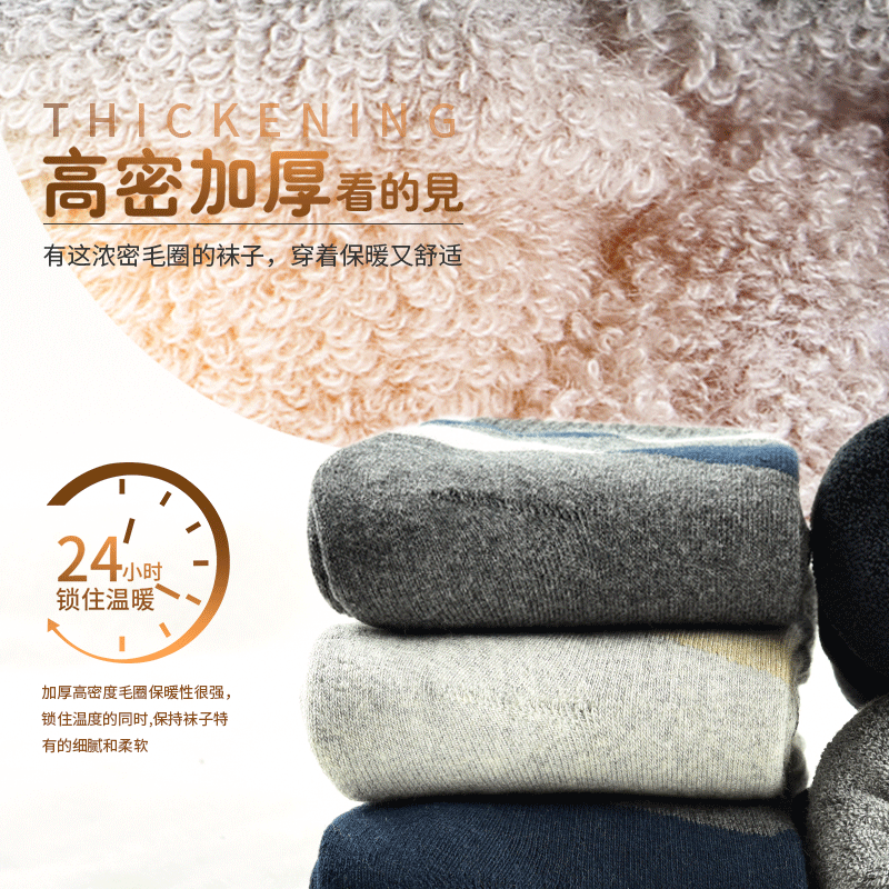 浪莎袜子男冬季加厚纯棉毛圈中筒保暖袜 混色5双 均码