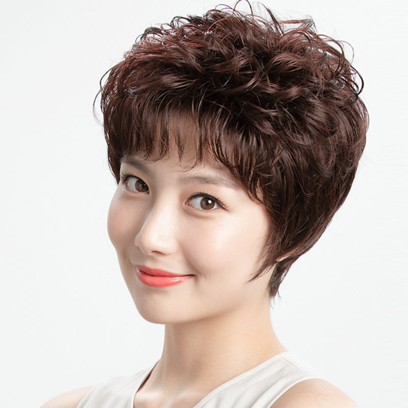 真发假发女短发卷发轻薄时尚烫小卷发中老年女士真头发假发套 自然色