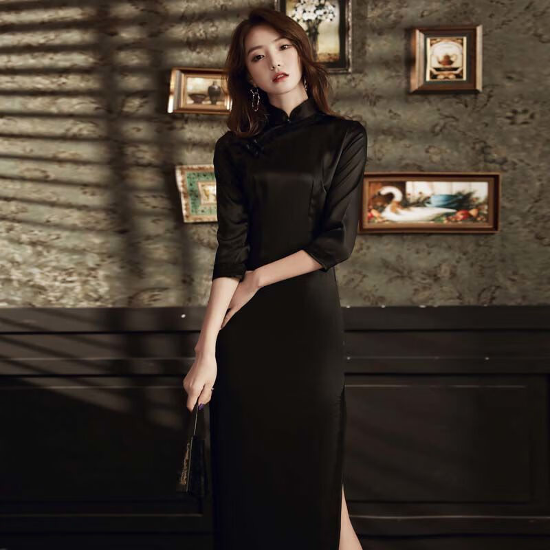 歆栩民国风旗袍复古高贵中国风黑色长款七分袖长款女气质改良版走秀高