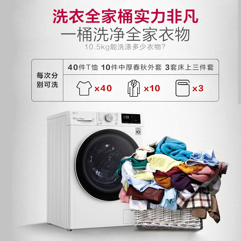 LG 纤慧系列 10.5公斤滚筒洗衣机全自动 AI变频直驱 洗烘一体 95℃高温洗 6种智能手洗 白FLX10M4W