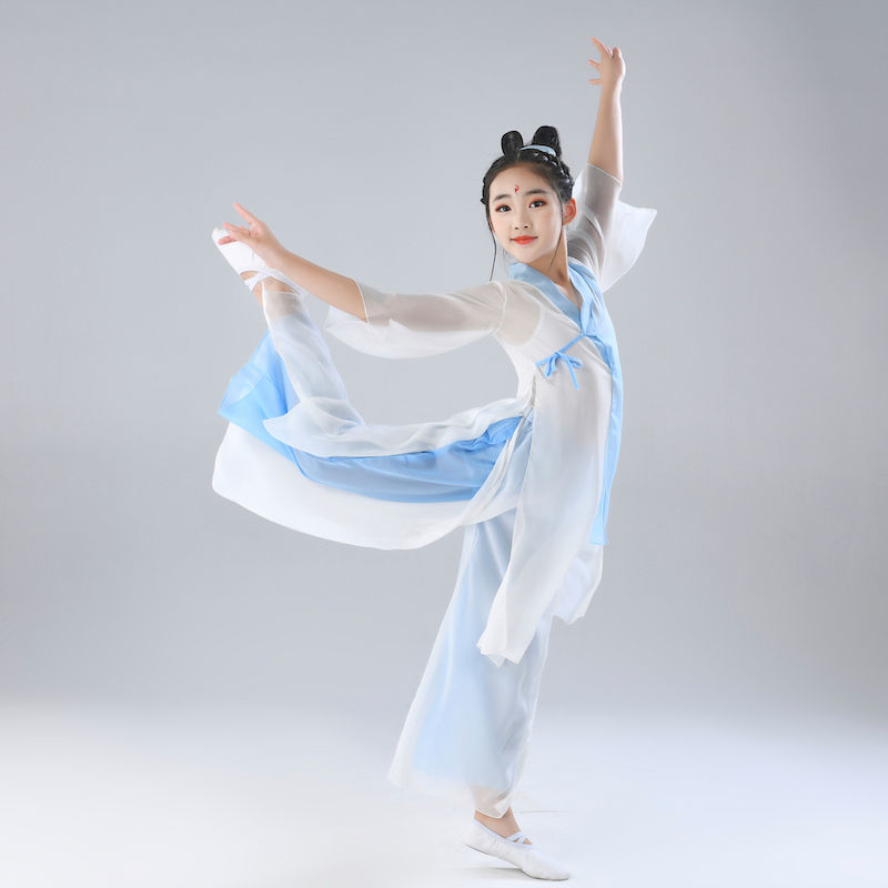 儿童古典舞演出服民族表演服装中国风汉服舞蹈练功雪纺练功服女童 天
