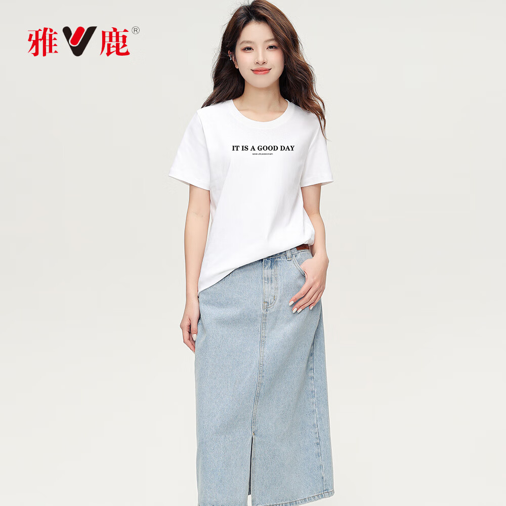 雅鹿【防紫外线】纯棉短袖圆领t恤女2023夏季新款凉感白色上衣打底衫w