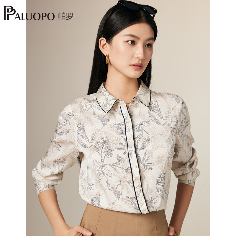 帕罗（PALUOPO）19姆米弹力双乔桑蚕丝夏长袖印花微弹衬衣休闲文艺上衣衬衫女 白底花 XL (170/92A)