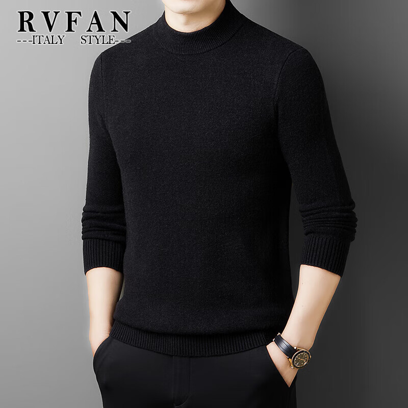 RVFAN男装羊毛衫男保暖毛衣秋冬季套头针织衫中年男士圆领打底衫 黑色 L