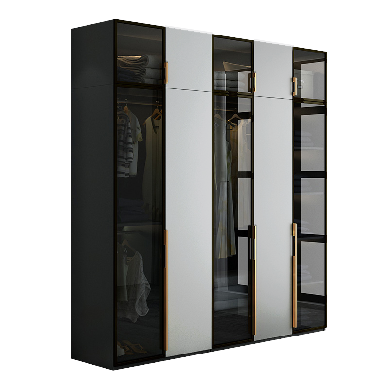 兰尼森意式轻奢平开门衣柜组合北欧简约玻璃门卧室衣帽间收纳储物大衣橱组合 5门组合 衣柜+顶柜