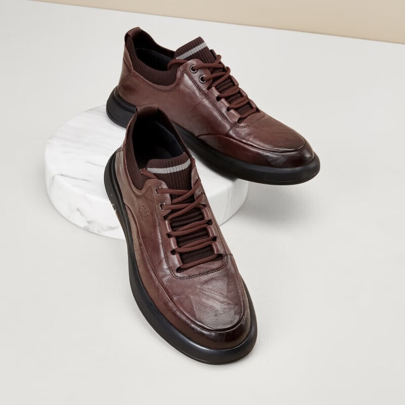 骆驼（CAMEL）秋季新款真皮抓纹休闲商务通勤男士防滑软底舒适运动皮鞋 G13A155075 黑色 40 (250mm)