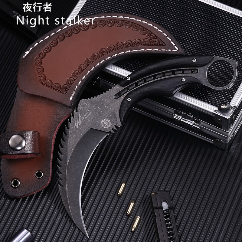 夜行者（Night stalker）防身随身直刀高硬度鹰爪子开刃一体钢锋利刀具皮套 黑色+皮套