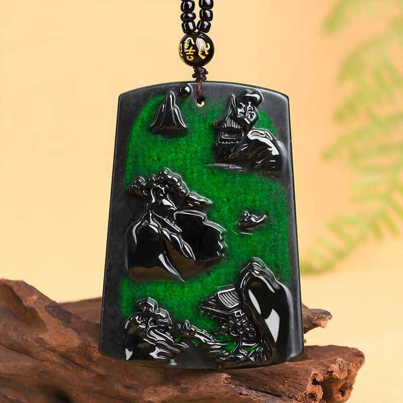 今传福天然墨翠a货翡翠墨玉山水牌 墨翠玉石吊坠挂件玉佩 男女款吊坠