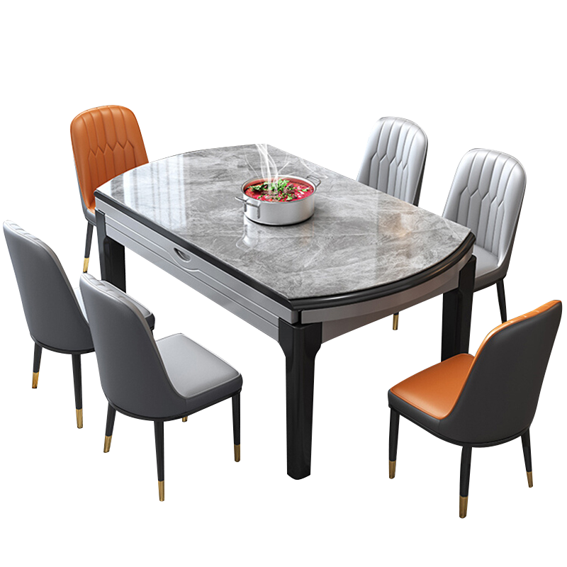奈高实木岩板餐桌椅伸缩折叠现代简约家用可变圆桌吃饭桌1.35米+6椅
