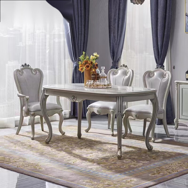 实木餐桌椭圆家用蒂芙尼灰欧式餐桌餐椅皮艺椅子 餐桌 进口榉木3d雕刻