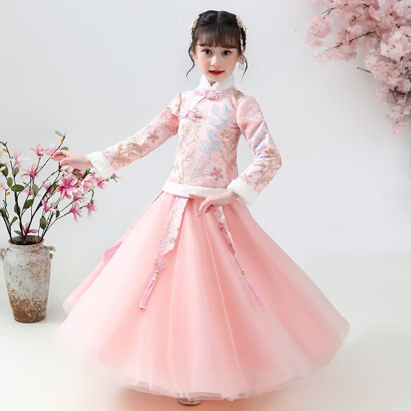 欧育女童汉服冬季儿童拜年服加绒裙子古装中国风女孩B1345粉色140码高性价比高么？