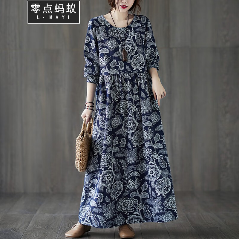 零點(diǎn)螞蟻大碼女裝胖mm春裝新款民族風(fēng)印花寬松棉麻連衣裙中長裙加肥加大碼洋氣減齡時尚遮肚子顯瘦裙子 藏青色 2XL【160-185斤】