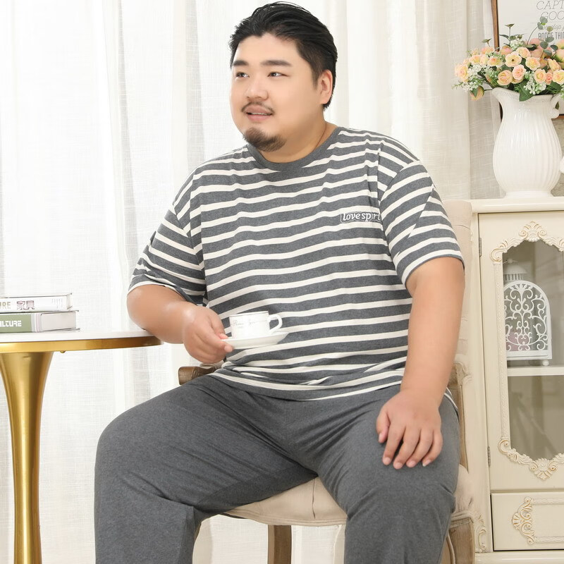 加大肥佬圆领套头家居服套装 深灰横条长裤8582 3xl【180-210斤左右】