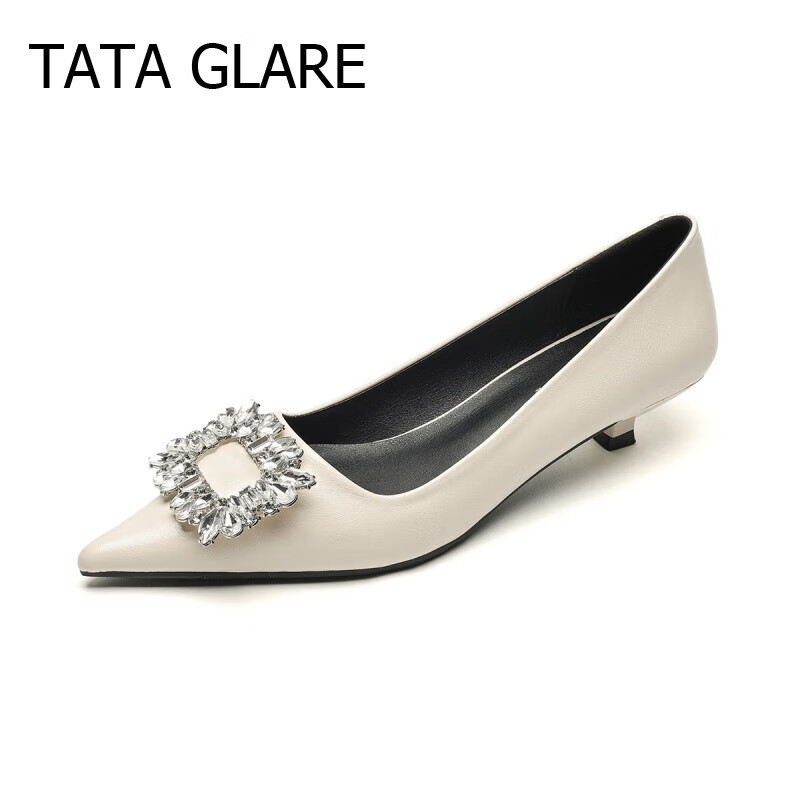 tata  glare她他尖头单鞋女水钻韩版细跟法式浅口仙女风气质高跟鞋 米