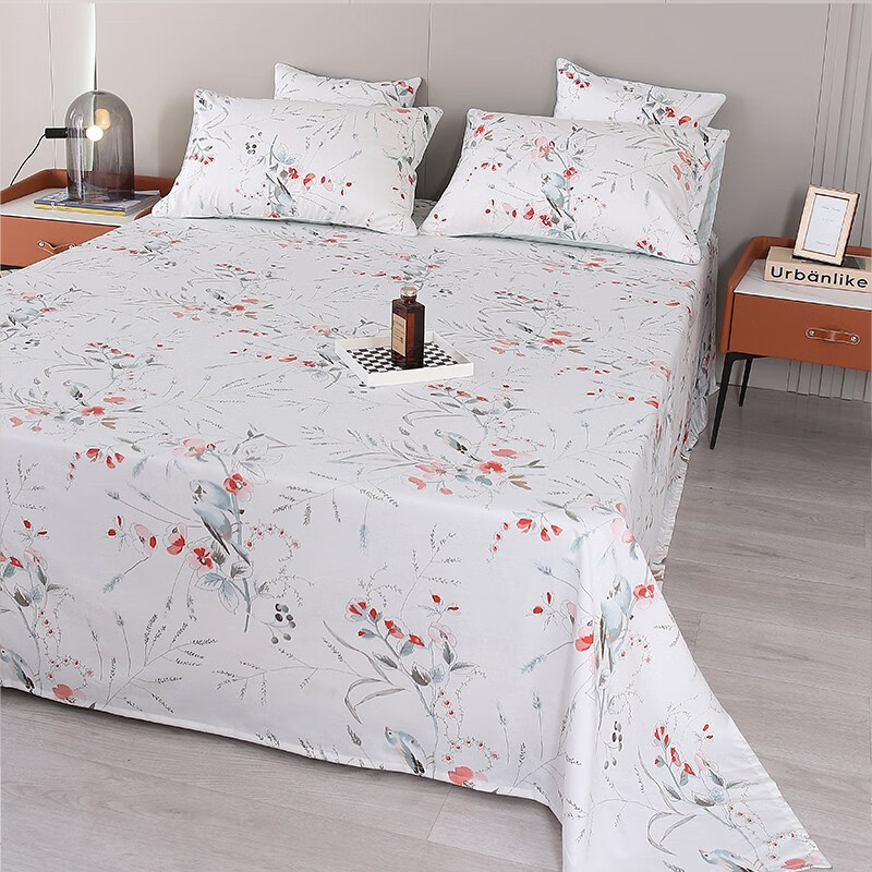 柳庭家纺 床单纯棉长绒棉60支 外贸全棉贡缎床单1.51.8米床 牡丹蓝 床单240*260cm