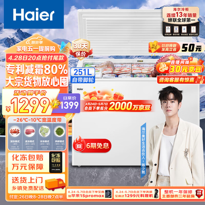 海尔（Haier）251升低霜卧式商用家用冰柜 商用大容量冷藏柜冷冻柜冰柜家用囤货小冰箱冷柜BC/BD-251HD 以旧换新