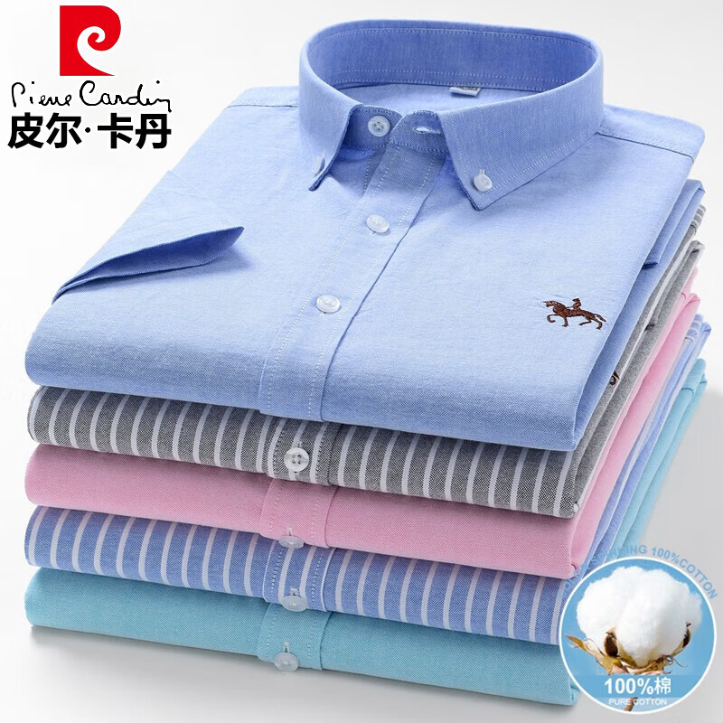 皮爾卡丹（pierre cardin）純棉牛津紡夏季短袖襯衫男士小馬刺繡中青年商務(wù)休閑免燙針織襯衣 D907藍(lán)色【繡標(biāo)短衣袖款】 41
