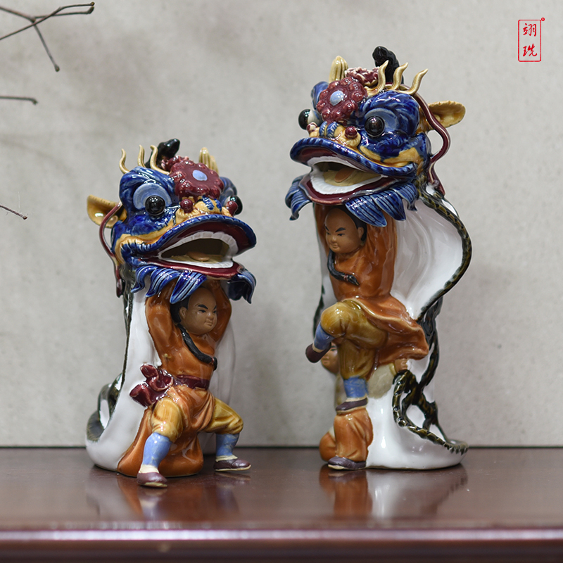 翊珗(yixian)国潮风舞狮醒狮摆件石湾公仔艺术品客厅玄关装饰手工艺品