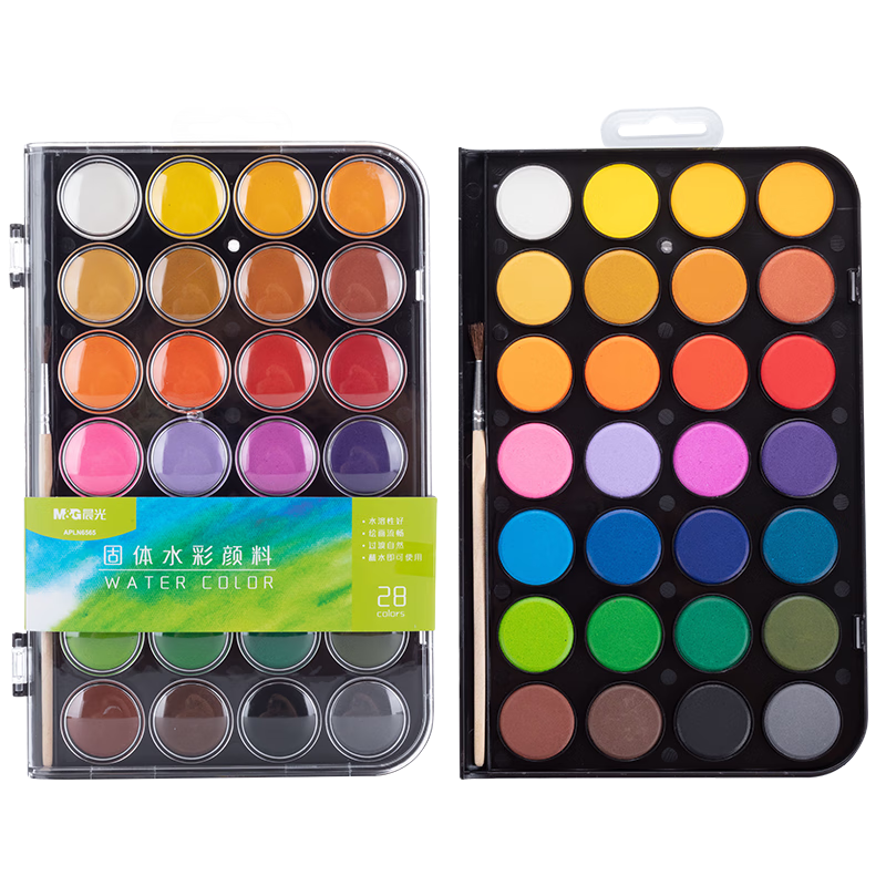 晨光（M&G）文具28色固体水彩可水洗学生美术手搓颜料含画笔绘画初学手绘画女孩生日开学礼物APLN6565