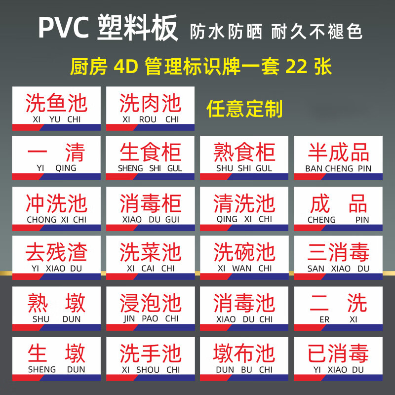 厨房标识牌一清二洗三消毒饭店卫生管理检查标示牌食堂分区牌定制 厨房4D管理标识一套22张 8x16cm