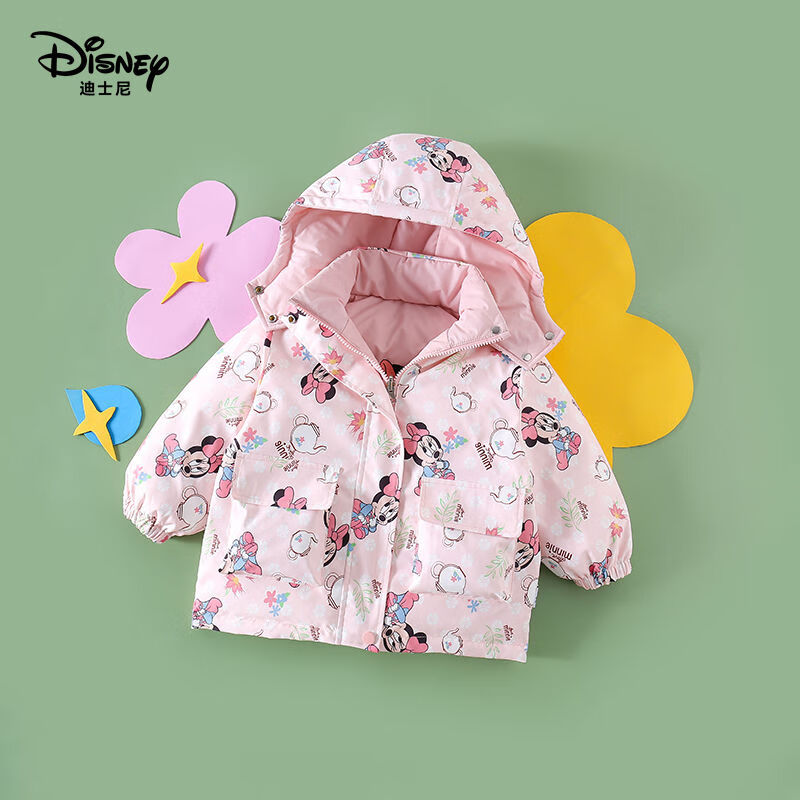 迪士尼(Disney)女童羽绒服超厚冬季新款90白鸭绒儿童羽绒服男童外套中小童 女童款一2面穿一粉色 100 建议身高90-100