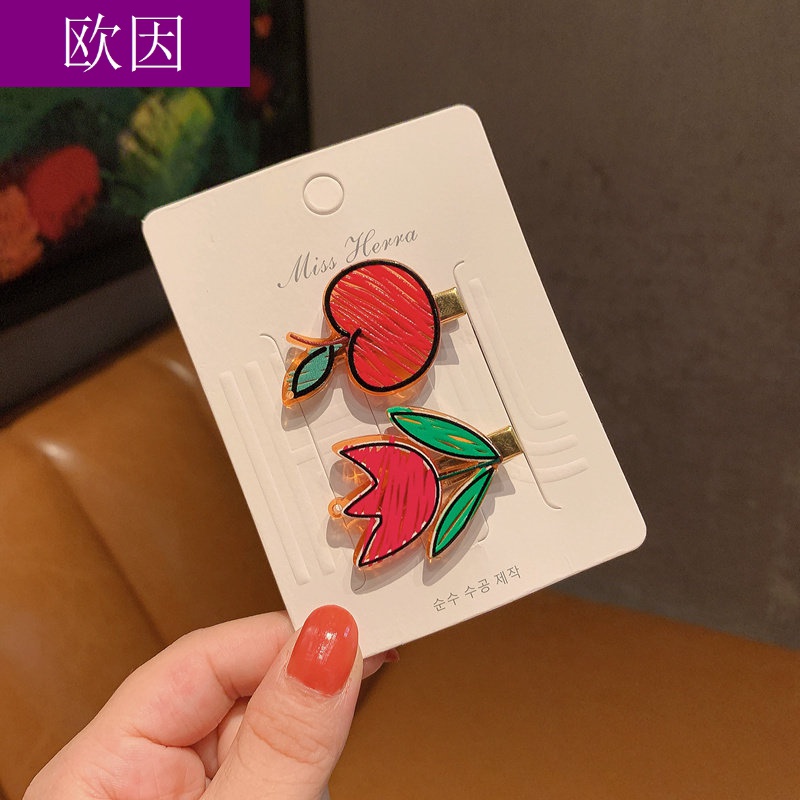 欧因 儿童亚克力卡通发夹可爱手绘花朵发夹宝宝边夹女孩发卡头饰女