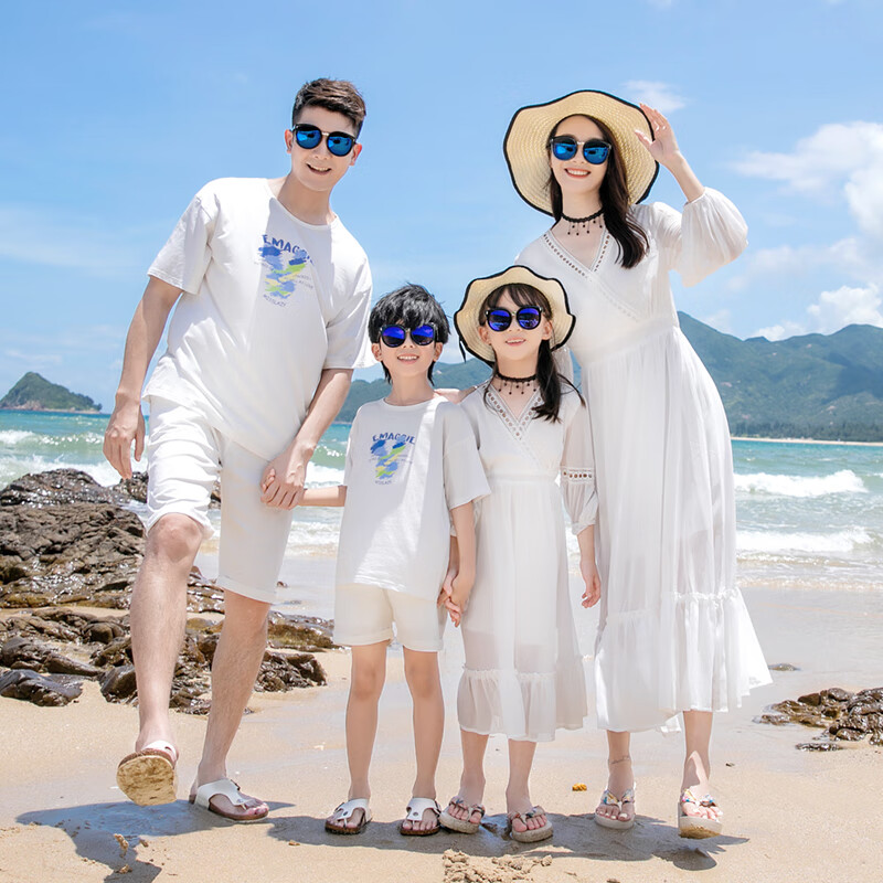 悅海悅貝親子裝海邊度假沙灘裙母女裝白色連衣裙仙女裙帶袖長裙一家三口 白色 男士XXL