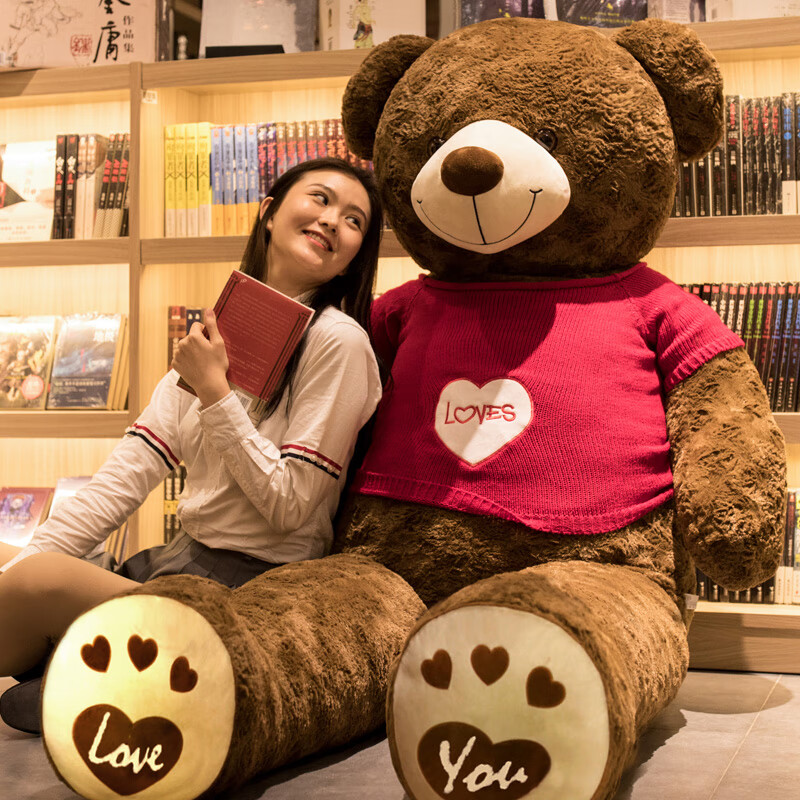 樱井翔 大型玩偶泰迪熊公仔棕熊毛绒玩具可爱超萌睡觉抱枕女生抱抱熊超大号床上巨型布娃娃小熊 深棕色+爱心毛衣玫瑰熊  全长1.6米【精心挑选+不掉毛】