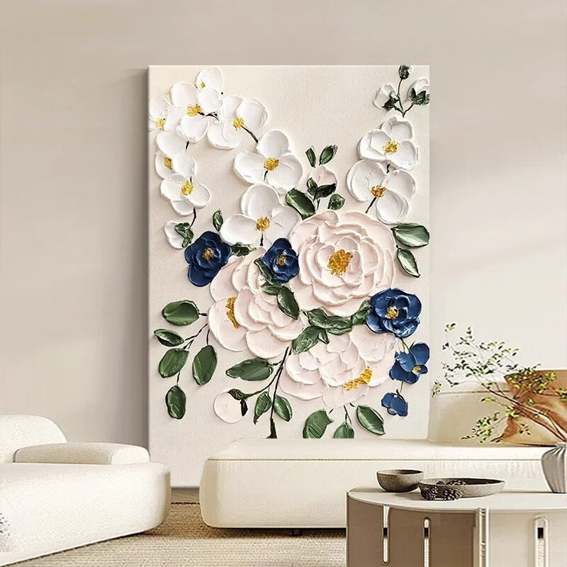 旭泽 手绘抽象肌理油画花卉法式复古客厅挂画玄关过道走廊奶油风装饰