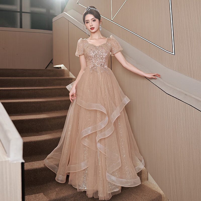服女成人感晚礼服宴会气质艺考轻奢小众演奏香槟色年会主 浅卡其色长