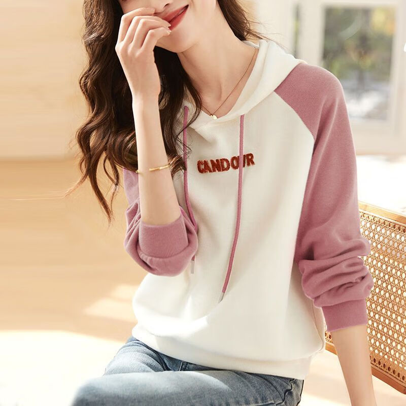 tromlfz撞色拼接上衣秋冬季新款休闲百搭宽松显瘦卫衣女简约风上衣服