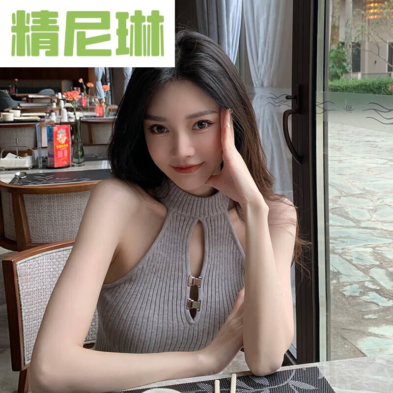 精尼琳露背吊带上衣无袖挂脖背心女夏季设计感小众性感热辣妹纯欲风 灰色气质上衣/温柔系//设计 L 独特设计/今年流行/甜美