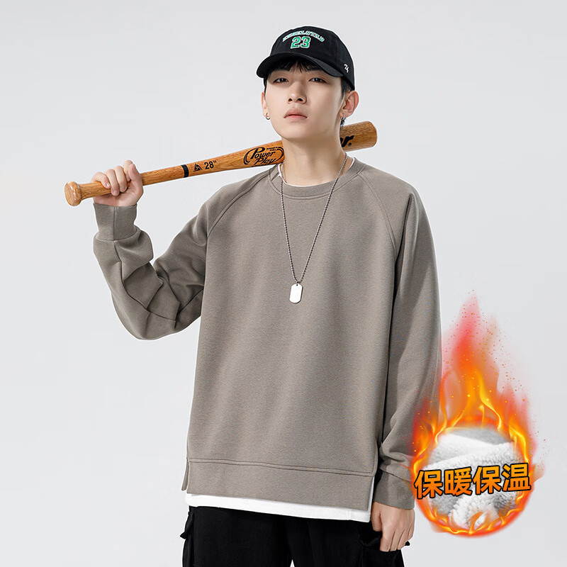 含蕊新款加绒加厚圆领卫衣男宽松纯色外套男 大地灰-加绒 m