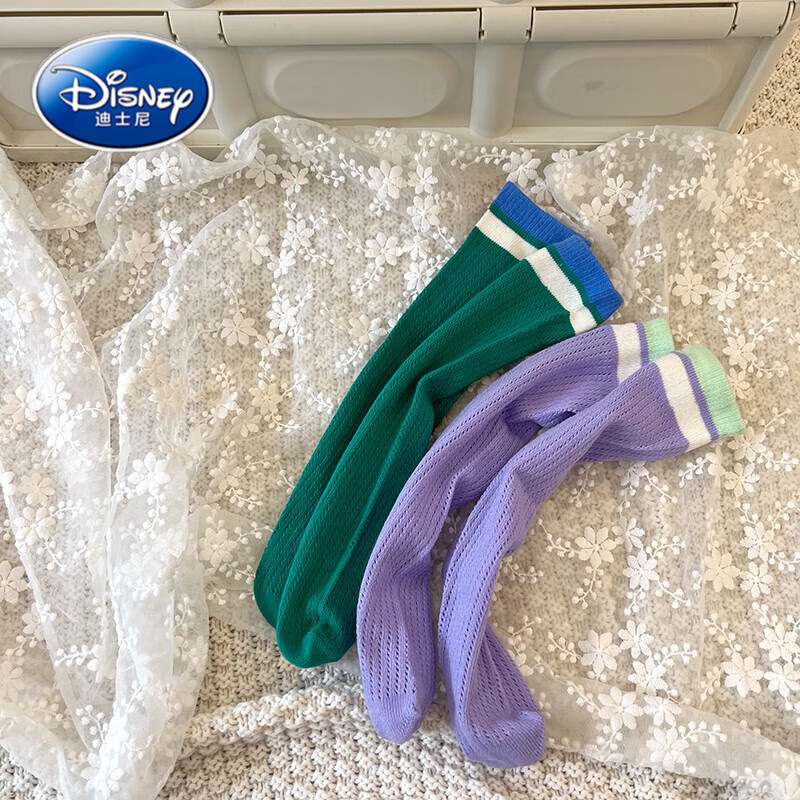 迪士尼2双装 男女童镂空透气移圈袜儿童夏季薄款中筒袜防蚊直板袜运动袜 绿色+紫色 均码(2-12岁)