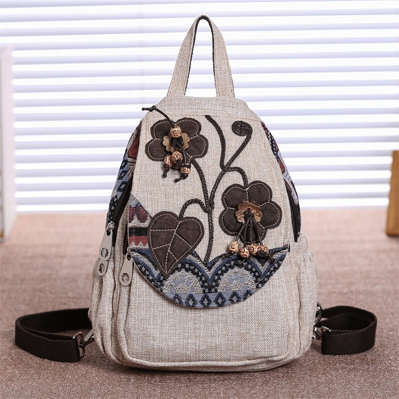 一抹异彩民族风轻便布艺双肩包双层帆布休闲女棉麻布包文艺汉服包袋小