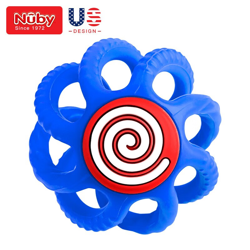 努比（Nuby）婴儿牙胶咬咬胶 宝宝手抓球 百变魔术球 全硅胶磨牙扣洞玩具球(蓝) 3个月以上 美国品牌