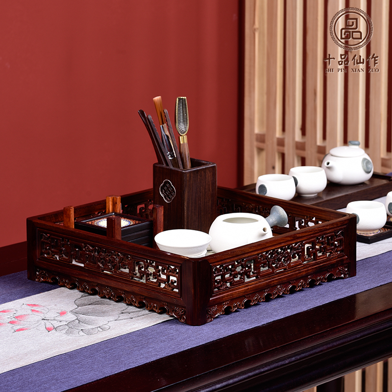十品仙作老挝大红酸枝螭龙都承盘嵌大理石茶水托盘干果盘交趾黄檀红木