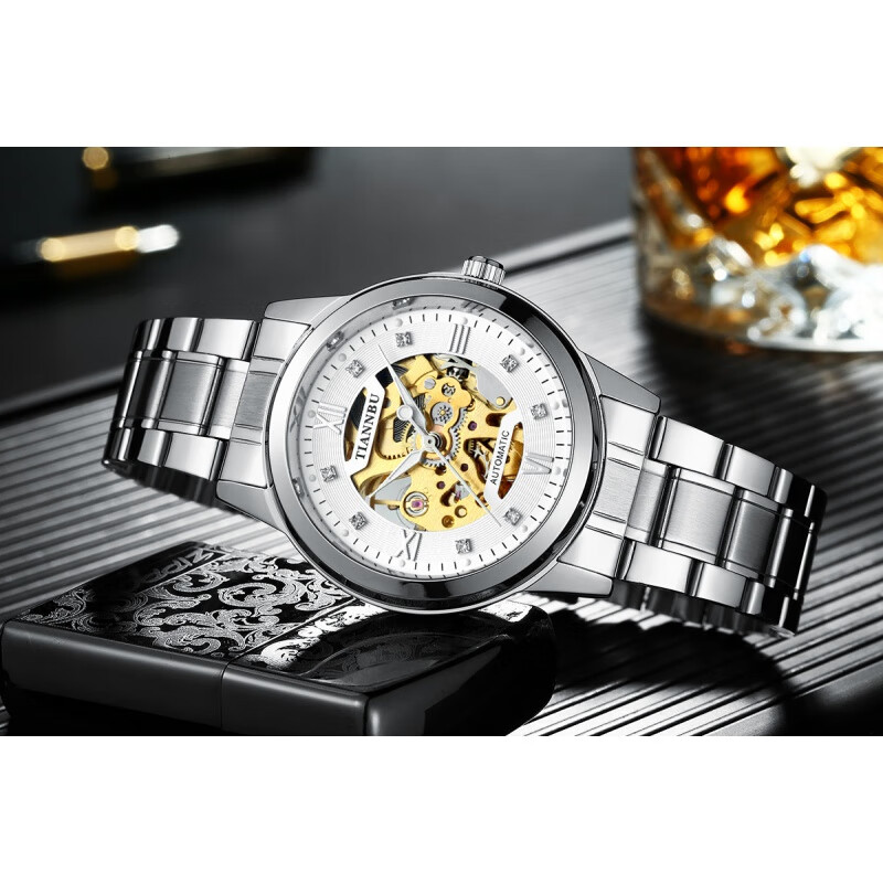 天博机械表商务防水夜光全自动男士表镶钻机械手表 银色钢带