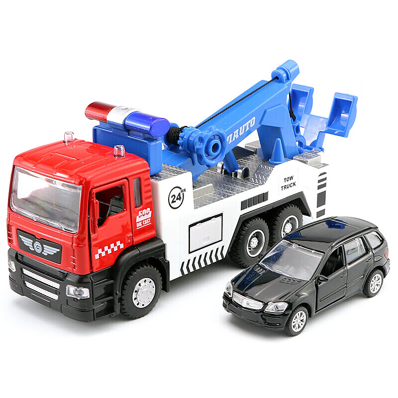 声光开门玩具彩盒康明斯卡车道路清障车拖车高速公路 交通救援车 红色