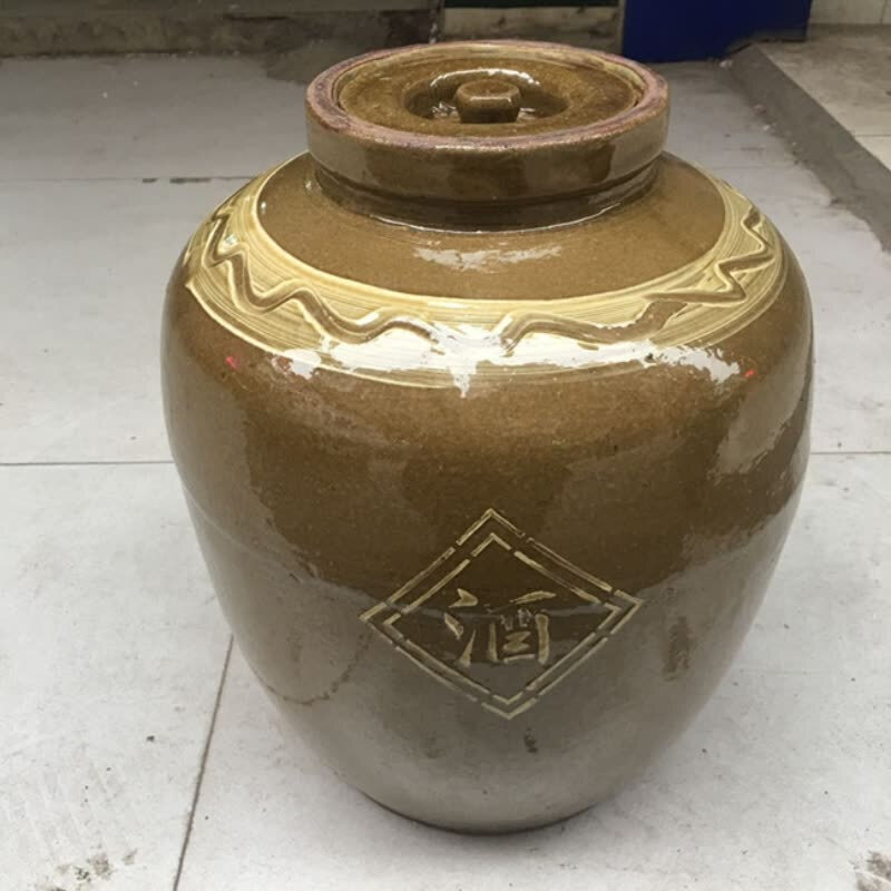 土陶酒坛酒缸10斤20斤陶瓷泡酒坛子50斤酒罐酒壶加厚款 20斤黄釉 内盖
