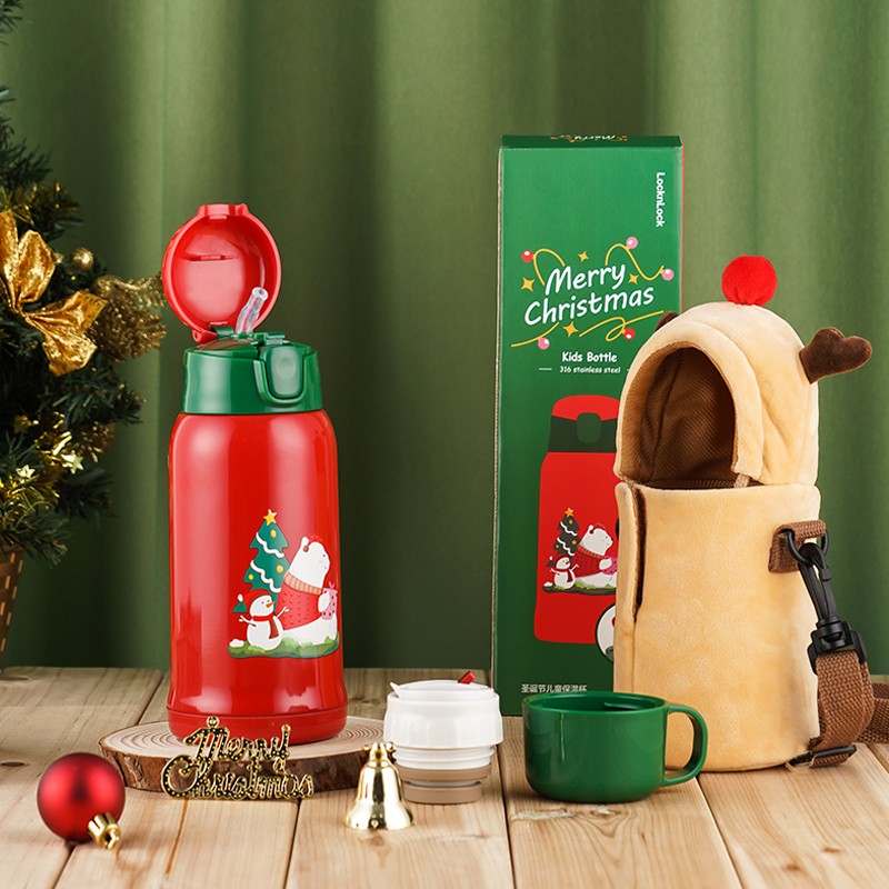 乐扣乐扣（LOCK&amp;LOCK）开学季儿童保温杯便携不锈钢带吸管小学生保温杯上学专用 圣诞款LHC1483RED-XM 550ml