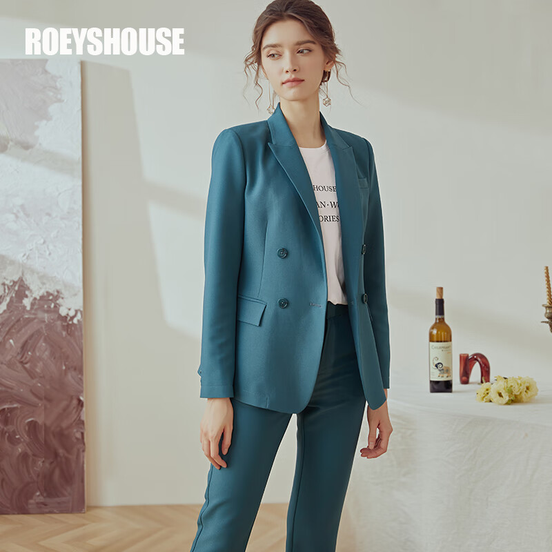 ROEYSHOUSE 羅衣通勤職業(yè)OL套裝女秋裝新款純色西裝外套褲子兩件套02699 孔雀綠 M