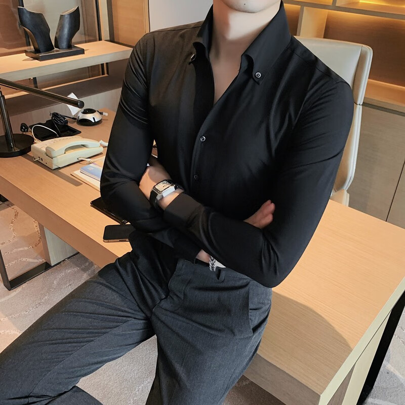 春秋v领衬衫男痞帅长袖休闲商务职业正装衬衣修身西装内搭打底衫 黑色