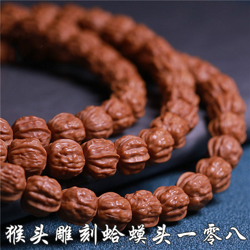 可颖文玩小猴头核桃正圆光珠老型桶雕刻京八棱蛤蟆头菩提男佛珠女手串