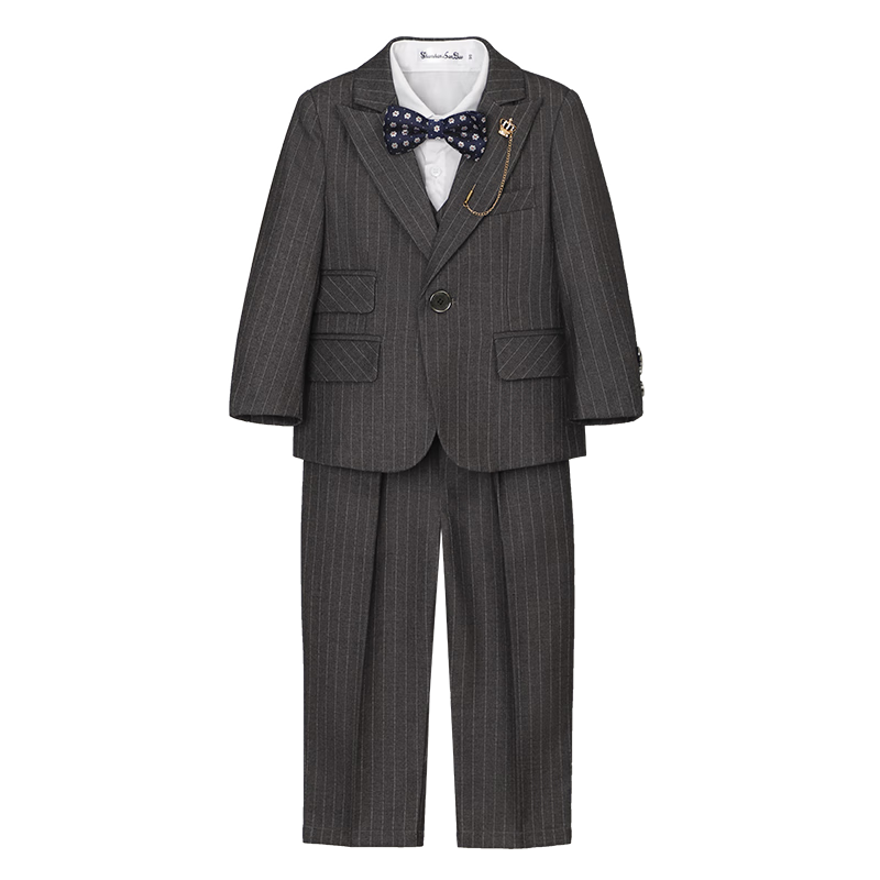 蘿卜唄唄兒童西裝套裝帥氣男童花童禮服主持人服裝鋼琴演出服演講小孩正裝 灰條紋六件套 130cm建議體重45-54斤