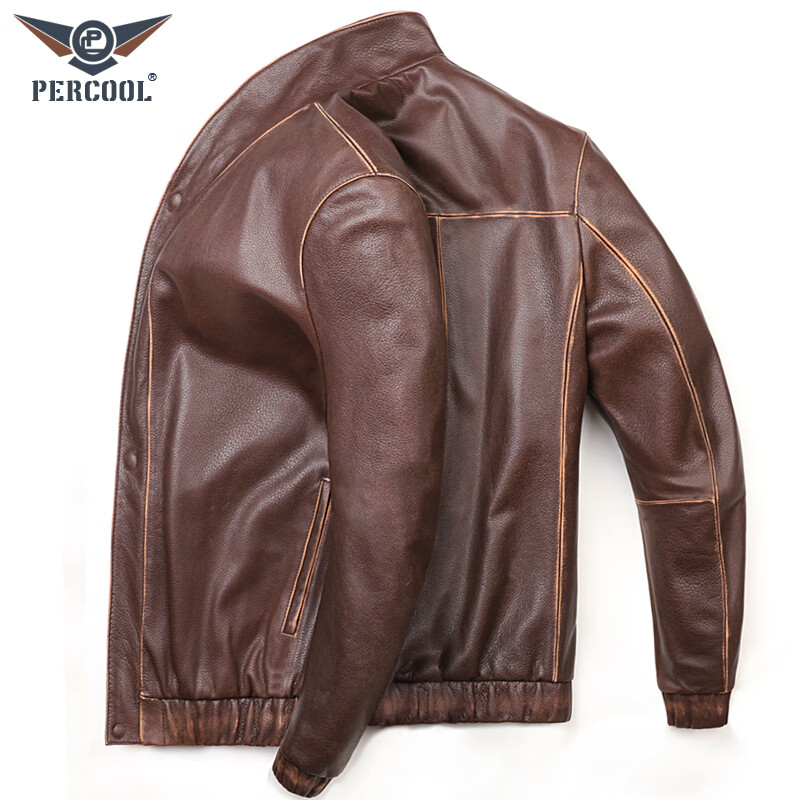 percool真皮皮衣青年男式复古做旧头层纯牛皮棒球服皮夹克2021米兰