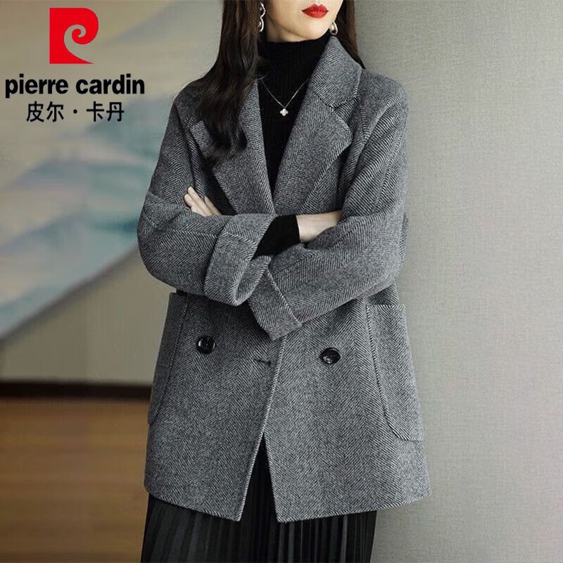 皮尔卡丹（pierre cardin）高档毛呢大衣女2025秋冬新款时尚韩版宽松显瘦百搭洋气毛呢外套 混灰色【常规款】人字纹 XL 码【建议114-127斤】