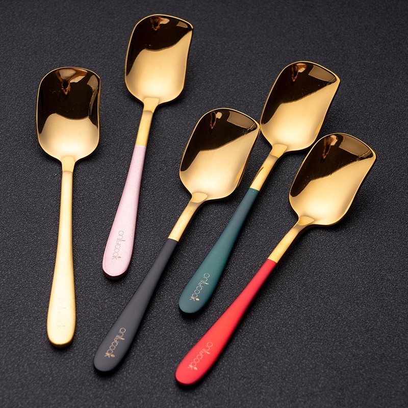 不锈钢勺子 彩色短柄西餐甜品勺食品级小汤匙调羹 5支(每种颜色1支)