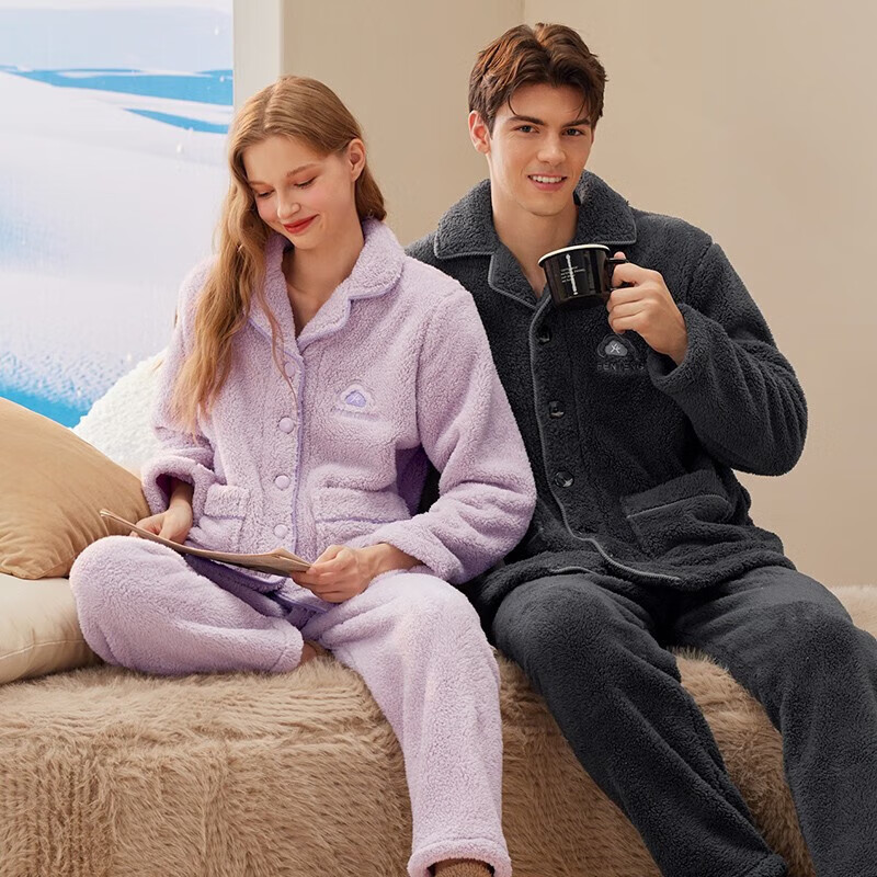 芬腾情侣睡衣珊瑚绒秋冬加绒加厚女士套装法兰绒休闲保暖大码家居服男 碳灰【单男款】 4XL 建议:女175-190,男205-230斤