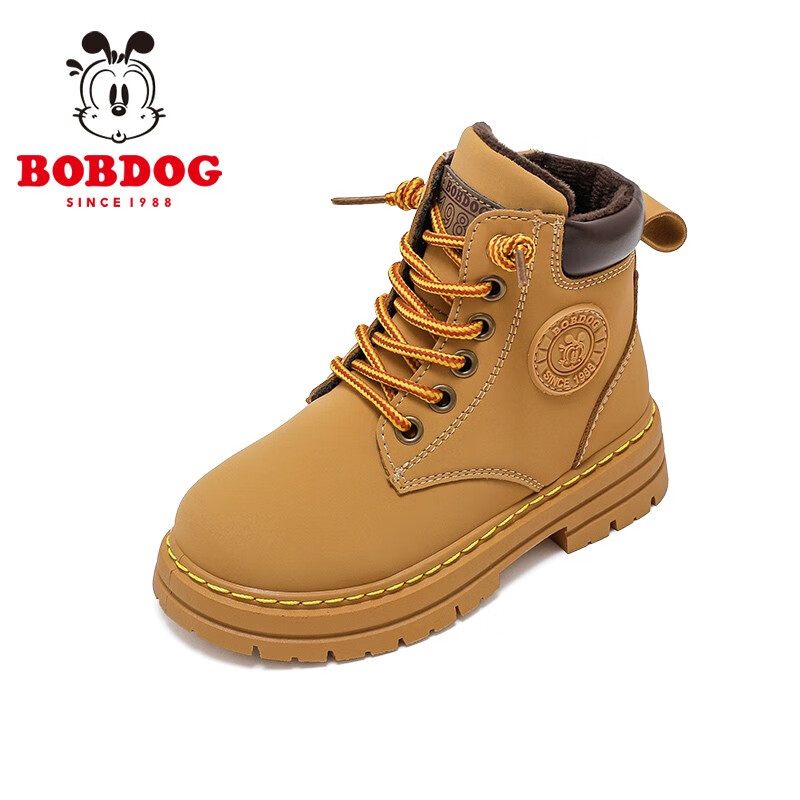 巴布豆（BOBDOG）男童鞋软底加绒二棉鞋儿童靴子冬季新款女童保暖马丁靴 卡其色 35 适合脚长21.2cm